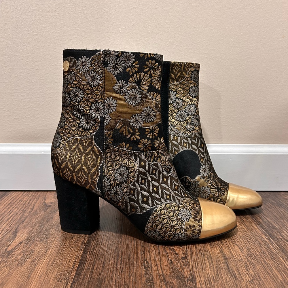 Zadig & Voltaire Gold and Black Ankle Booties with Block Heel